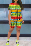 Red Casual Print Patchwork O Neck Short Sleeve Two Pieces