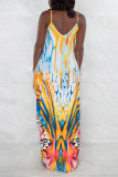 Yellow Fashion Sexy Print Backless Spaghetti Strap Sleeveless Dress