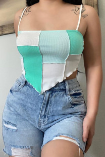 Green Sexy Casual Patchwork Backless Asymmetrical Spaghetti Strap Tops
