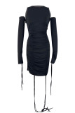 Black Sexy Solid Split Joint Draw String Fold O Neck Pencil Skirt Dresses