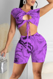 Red Sexy Print Hollowed Out Patchwork Frenulum O Neck Short Sleeve Two Pieces