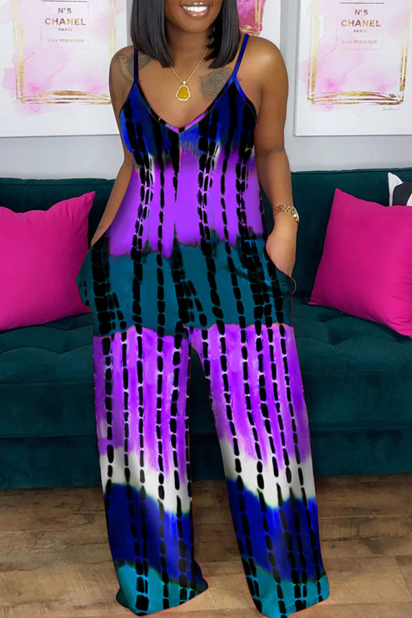 Purple Casual Print Patchwork Pocket V Neck Loose Jumpsuits