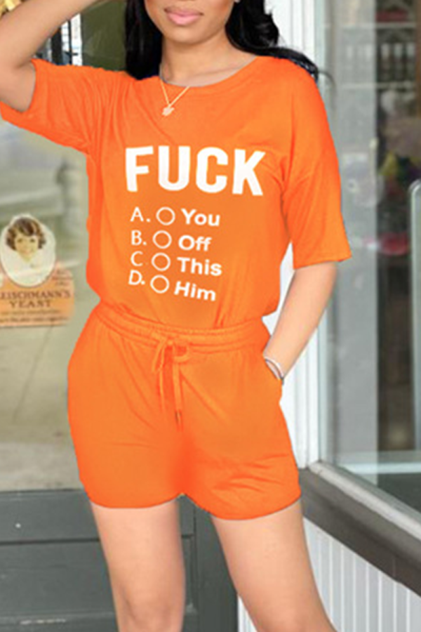Tangerine Red Casual Print Patchwork O Neck Short Sleeve Two Pieces
