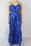 Blue Sweet Print Patchwork Spaghetti Strap Sling Dress Dresses