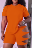 Pink Casual Solid Hollowed Out O Neck Short Sleeve Two Pieces