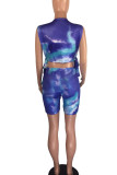 Blue Casual Print Bandage Patchwork O Neck Sleeveless Two Pieces