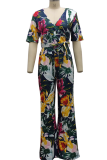 Green Sexy Print Patchwork V Neck Straight Jumpsuits