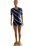 Light Blue Casual Print Patchwork O Neck Mid Waist T-Shirts