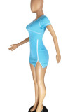 Light Blue Sexy Solid Patchwork Zipper O Neck Pencil Skirt Dresses