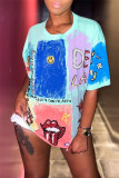 Light Blue Fashion Casual Print Basic O Neck T-Shirts