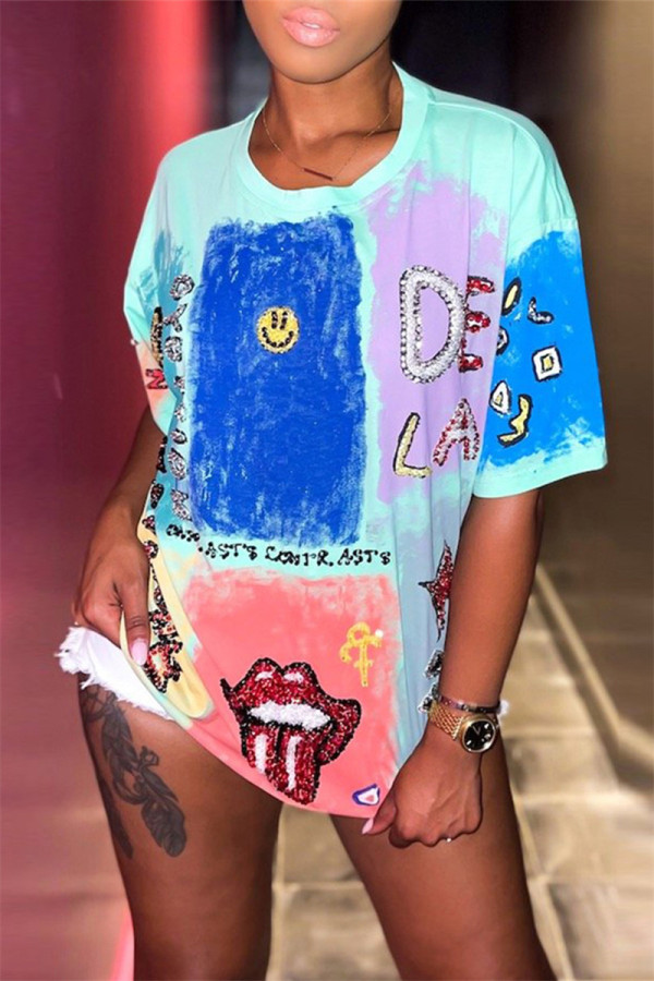 Light Blue Fashion Casual Print Basic O Neck T-Shirts