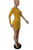 Yellow Sexy Print Letter One Shoulder Long Sleeve Two Pieces