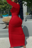 Red Casual Solid Split Joint Asymmetrical Collar Straight Dresses