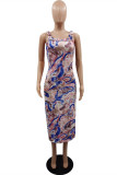 Multicolor Fashion Sexy Print Backless Slit Spaghetti Strap Sleeveless Dress