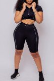 Black Casual Solid Basic Zipper Collar Short Sleeve Two Pieces