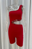 Red Sexy Solid Hollowed Out Patchwork Oblique Collar Skinny Rompers