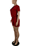Burgundy Casual Solid Hollowed Out Frenulum O Neck Short Sleeve Two Pieces