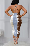 Yellow And Blue Sexy Print Patchwork Spaghetti Strap Pencil Skirt Dresses