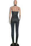Black Sexy Print Patchwork Halter Skinny Jumpsuits