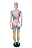 Multicolor Fashion Casual Tie Dye Printing O Neck Short Sleeve Two Pieces