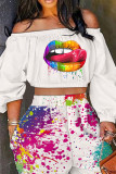 White Sexy Street Print Patchwork Off the Shoulder Long Sleeve Two Pieces