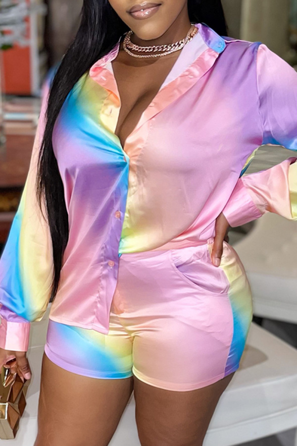 Blue Casual Patchwork Tie-dye Turndown Collar Long Sleeve Two Pieces