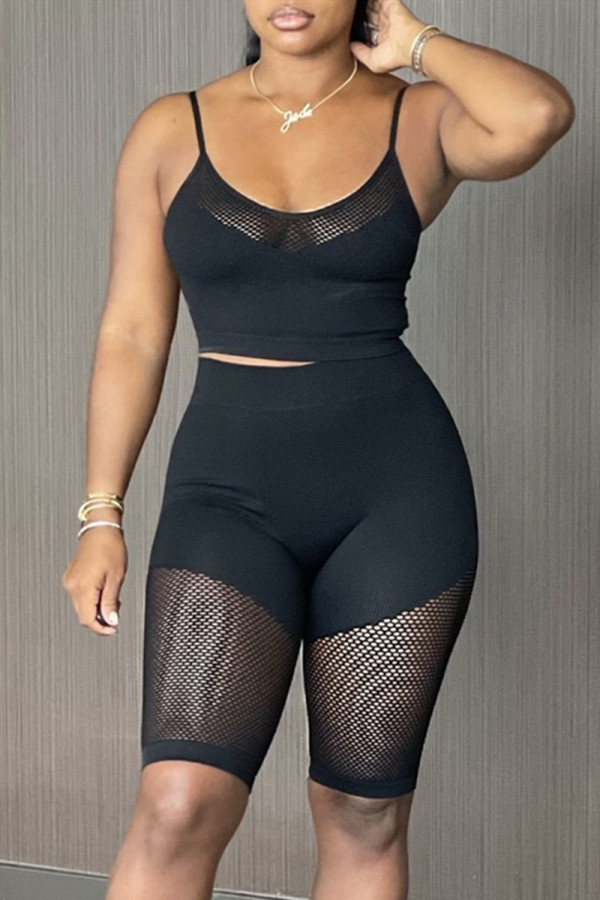 Black Fashion Sexy Solid Patchwork See-through Spaghetti Strap Sleeveless Two Pieces
