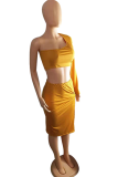 Yellow Sexy Solid Patchwork One Shoulder Pencil Skirt Plus Size Two Pieces