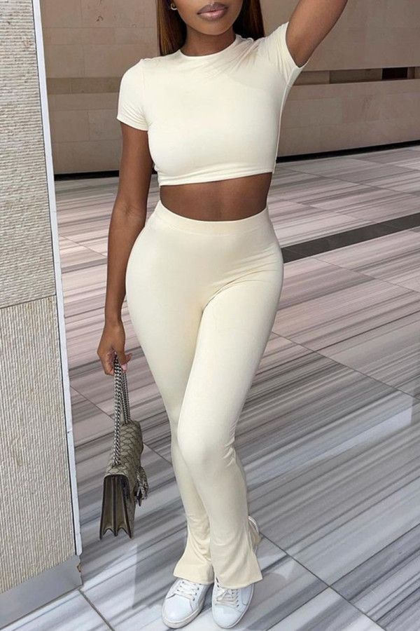 Apricot Fashion Casual Solid Basic O Neck Short Sleeve Two Pieces