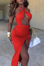 Red Sexy Solid Hollowed Out Backless Slit Halter Sleeveless Dress