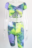 Green Sexy Print Patchwork Off the Shoulder Short Sleeve Two Pieces