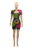 Multicolor Fashion Sexy Print Hollowed Out See-through O Neck Short Sleeve Dress