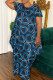 Deep Blue Casual Print Patchwork O Neck Short Sleeve Dress Dresses