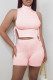 Pink Fashion Casual Solid Strap Design Turtleneck Sleeveless Two Pieces