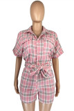Pink Fashion Casual Plaid Print Bandage Turndown Collar Short Sleeve Two Pieces