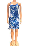 Blue Sweet Tie Dye Patchwork Draw String Spaghetti Strap Pencil Skirt Dresses