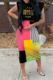 Pink Street Print Patchwork O Neck Sleeveless Two Pieces