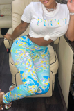 Green Sexy Print Mesh Skinny High Waist Pencil Full Print Bottoms