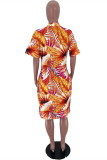 Orange Yellow Fashion Casual Print Basic V Neck Short Sleeve Dress