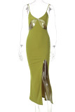 Green Sexy Solid Hollowed Out Patchwork Slit Spaghetti Strap Sling Dress Dresses
