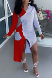 Red Casual Color Block Patchwork V Neck Irregular Dress Dresses