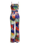 Multicolor Fashion Sexy Print Backless Spaghetti Strap Regular Jumpsuits