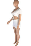Pink Fashion Casual Solid Bandage V Neck Short Sleeve Two Pieces