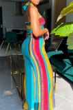 Multicolor Sexy Casual Striped Print Backless Strapless Sleeveless Two Pieces