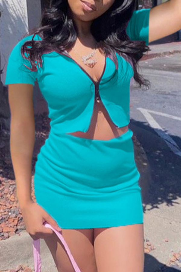 Peacock Blue Sexy Solid Patchwork Zipper Collar Short Sleeve Two Pieces