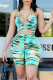 Green Fashion Sexy Print Backless V Neck Sleeveless Two Pieces