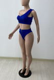 Deep Blue Casual Solid Patchwork Asymmetrical Swimwears