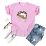 Green Fashion Casual Lips Printed Basic O Neck Tops