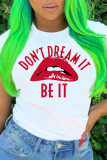 White Fashion Casual Letter Lips Printed Basic O Neck T-Shirts