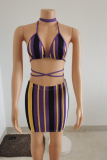 Purple Sexy Print Patchwork Spaghetti Strap Sleeveless Two Pieces